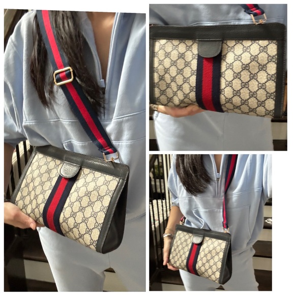 GUCCI GG Navy Stripe Monogram Crossbody Clutch - Picture 9 of 9